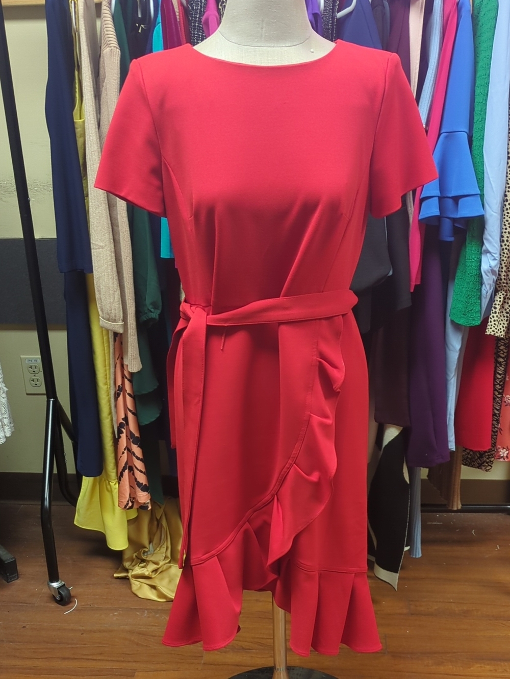 Calvin Klein Red Ruffle-Trim Midi Dress with Tie Belt